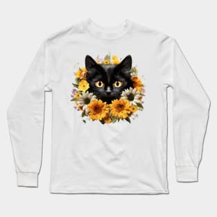 Cute Black Cat with Flowers Long Sleeve T-Shirt